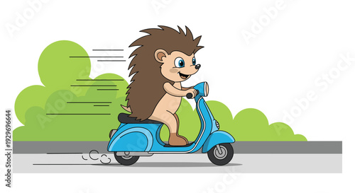Happy cartoon hedgehog character riding a bright blue motor scooter quickly past green bushes on a sunny day in the park landscape.