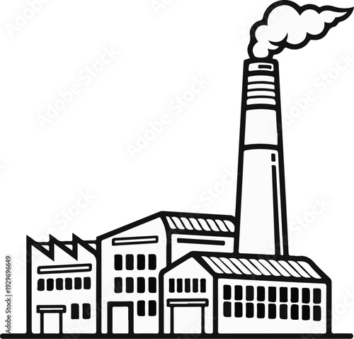 Industrial building with tall smokestack emitting smoke against a white background