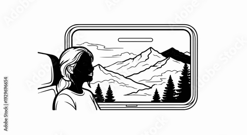 Woman looking out a window at a majestic mountain landscape