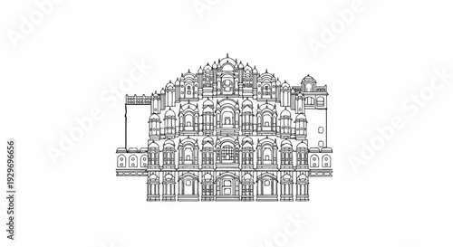 Ornate facade with numerous windows and tiered domes, rendered in black and white outline
