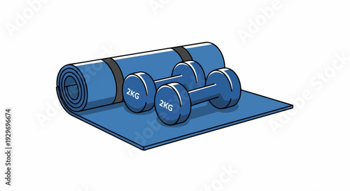 Blue yoga mat with a rolled edge and two blue dumbbells marked 2KG