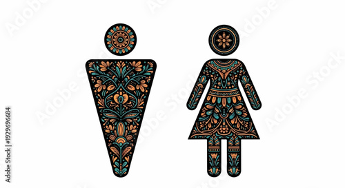 Stylized male and female restroom symbols with intricate floral patterns