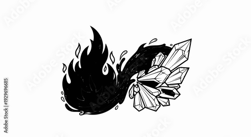 Black flames meet sharp geometric crystals in a stylized graphic