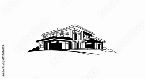 A stylized black and white drawing of a modern multi-story house on a hill