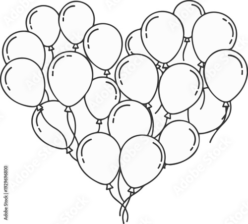A cluster of balloons arranged in a heart shape, a festive outline