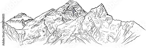 Jagged mountain peaks rendered in a sketchy black and white artistic style