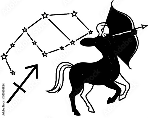 A celestial centaur aiming a bow and arrow, accompanied by stars and symbols