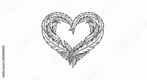A heart shape formed from intricate black feather illustrations against a white background