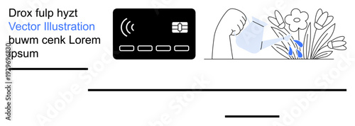 Digital payments, sustainability, eco-friendly actions, financial technology, nature care, modern lifestyle. Contactless credit card and hand watering flowers. Digital payments and sustainability