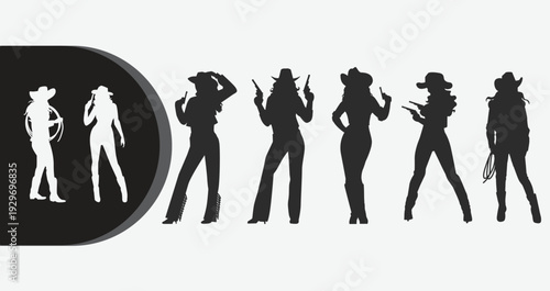 Cowgirl silhouettes with guns and cowboy hats in various poses