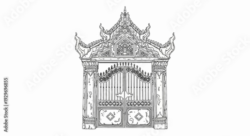 Ornate temple gate with intricate carvings and decorative finials
