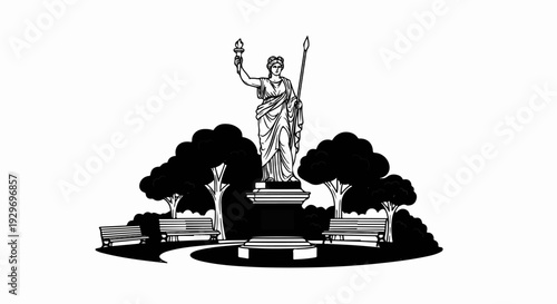 Elegant statue holding torch and spear in a park with benches and trees