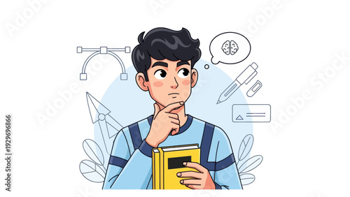 Young man thinking about creative ideas with design tools illustration