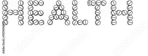 Pills form the word health against a white background