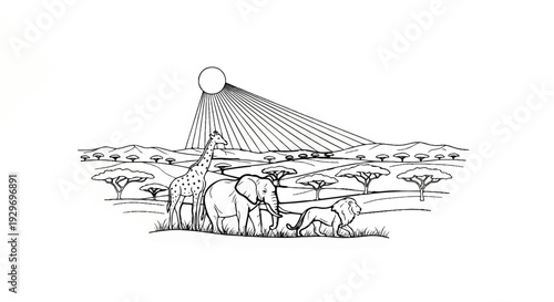 Stylized African savanna scene with a giraffe, elephant, and lion under a sun