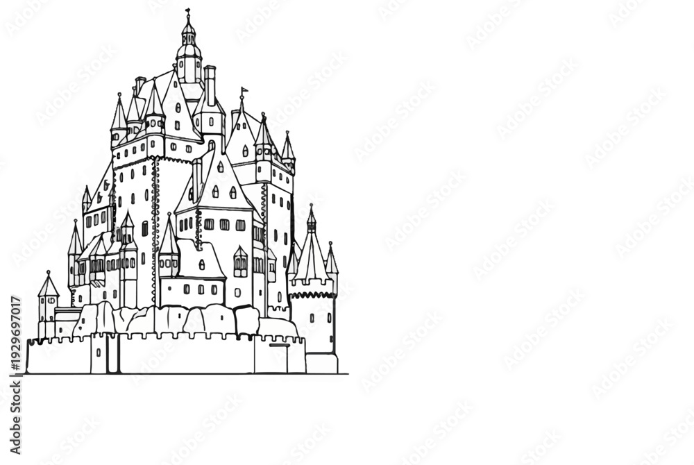 Fototapeta premium Ornate medieval castle with multiple towers, ramparts, and small windows, rendered in black outline