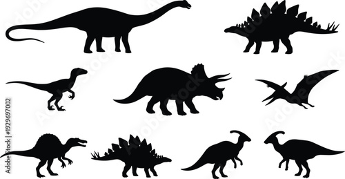 Dinosaur Silhouettes Set with T Rex Triceratops Stegosaurus and Pterodactyl Prehistoric Animals Vector Illustration Isolated on White
