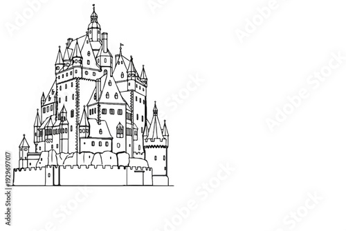 Ornate medieval castle with multiple towers, ramparts, and small windows, rendered in black outline