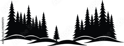 Evergreen Pine Forest Silhouette with Rolling Hills Vector Landscape Illustration Isolated on White Background Nature Design