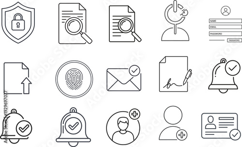 Collection of line icons related to security documents and notifications