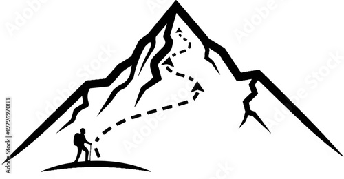 Lone hiker ascends a jagged mountain peak following a dashed trail upwards
