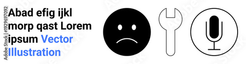 Emotions, tools, communication, voice technology, repair, expression. Black sad face, wrench and microphone icons. Emotion and tools concept a combination of utility and sentiment