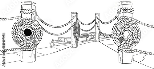 Rustic nautical scene with coiled ropes on posts and boats docked at a pier