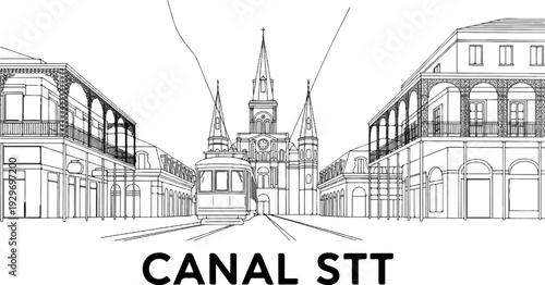 Historic streetcar approaches ornate buildings with a prominent cathedral
