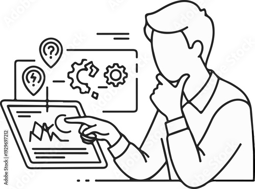 Person using tablet with data and gears, contemplating ideas