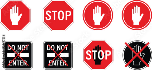 Stop and do not enter prohibition sign icon set with warning hand symbol traffic restriction safety vector collection