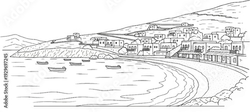 Coastal village with boats anchored in bay, buildings cascade down hill