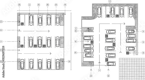 Parking Lot Top View Layout with Accessible Spaces Traffic Flow Arrows and Cars Vector Architectural Plan Illustration
