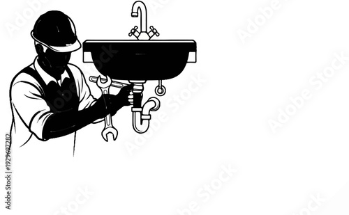 Plumber in hard hat works on pipes beneath a sink with wrenches