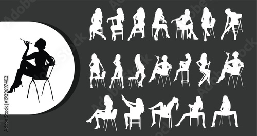 Collection of elegant women silhouettes in various poses on chairs
