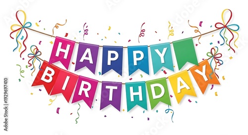 A colorful 'happy birthday' banner illustration featuring rainbow-colored pennants and festive confetti.