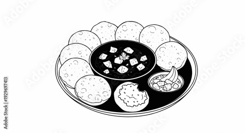 A black and white illustration of a circular platter with various food items arranged around a central dish