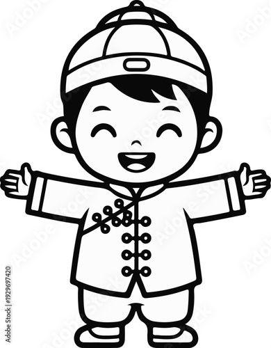 Cheerful cartoon child in traditional Asian clothing with open arms