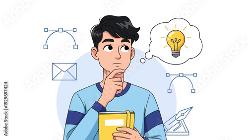 Young man thinking about idea creative concept vector illustration