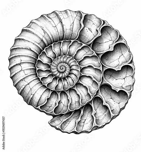 Ammonite Fossil Vintage Engraved Paleontology Illustration Angled View Isolated on White
