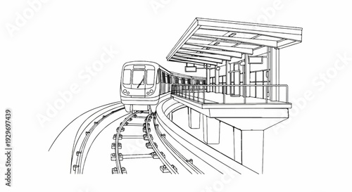 Modern train arriving at a sleek elevated station on a curving track