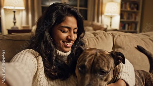 Young Woman Laughing and Hugging Her Dog on the Couch.