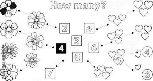 Counting worksheet with flowers, hearts, and numbered squares for matching