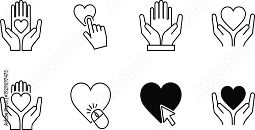 Heart protection and charity care icon set with helping hands love donation healthcare outline and solid vector symbols