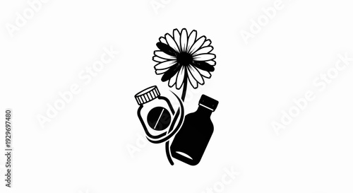 Black and white graphic of a flower with two medicine bottles and a pill