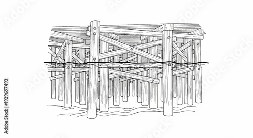 Detailed line art illustration of a wooden pier structure with supports above and below water