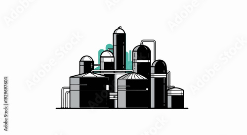 A stylized illustration of an industrial complex with interconnected silos and pipelines