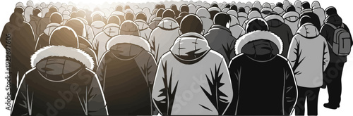 A large crowd of people in hooded winter coats, viewed from behind, with bright light