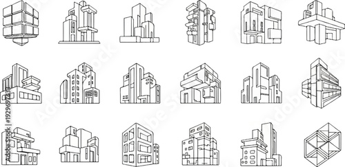 Collection of abstract architectural sketches featuring cubist-style buildings with geometric forms