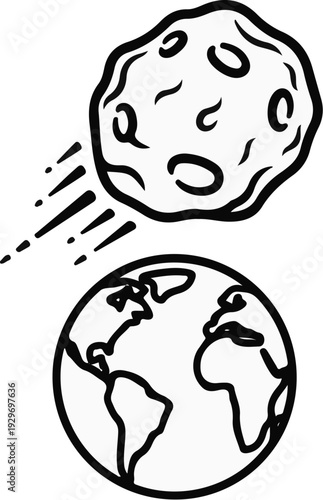 A hand-drawn asteroid hurtles towards a stylized planet Earth