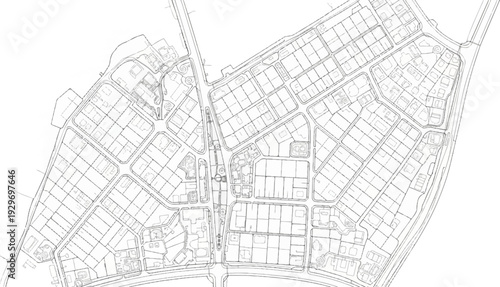 Aerial view of an urban plan showing a grid of streets and building outlines